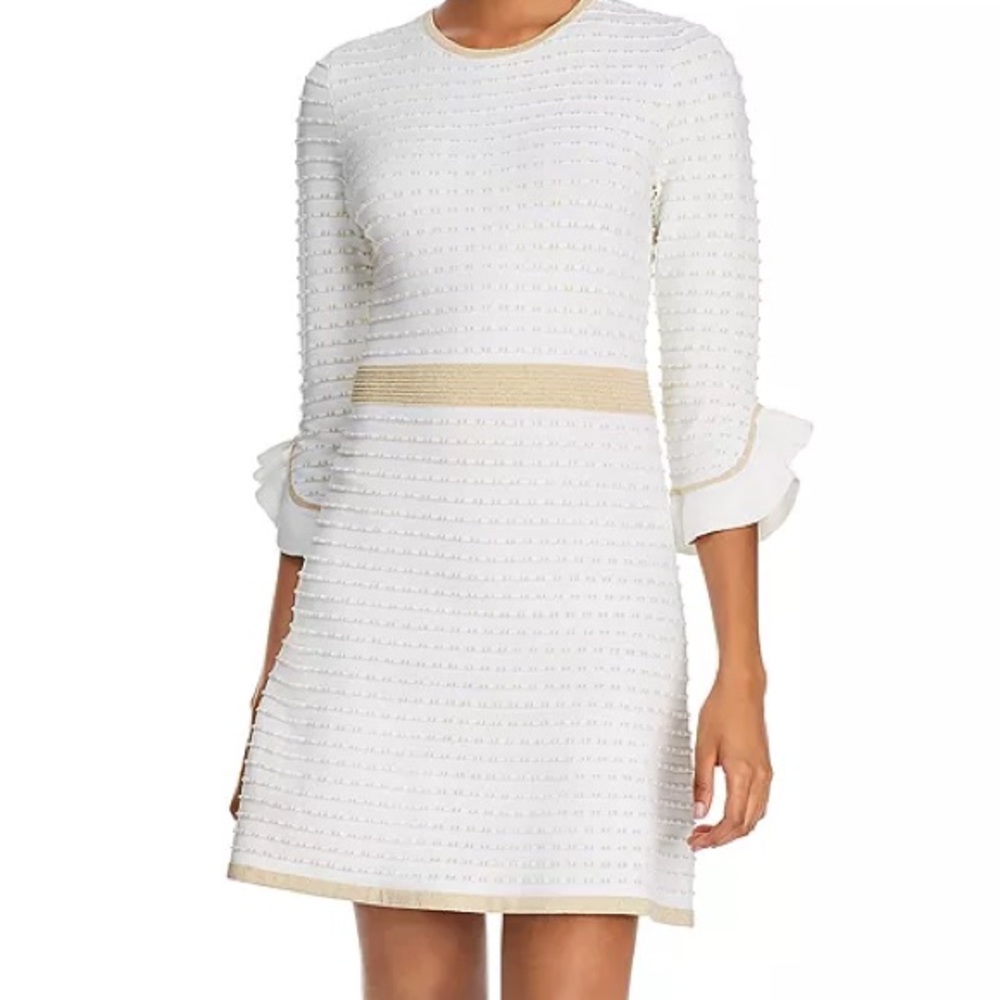 Shoshanna Claira Metallic Ribbed Fit and Flare Knit Dress Size L Ivory Gold NWT